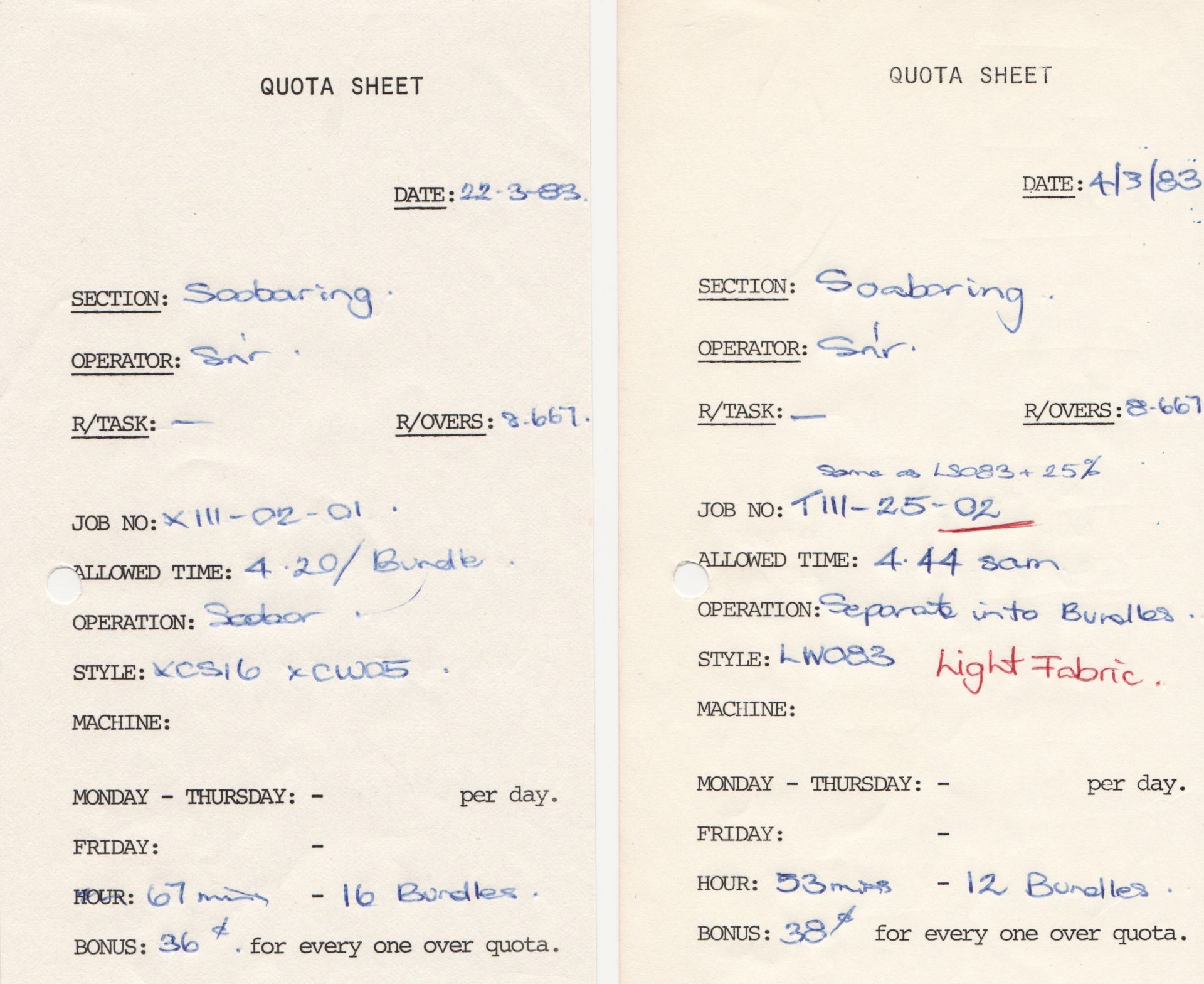 Quota sheets from FJs showing how long the task should take and how much the bonus was for every one over quota.  Shared by Fran McKane