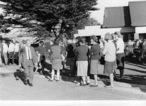  FJ workers in Lava St the day the ball went up. Photo: Arnold McKay