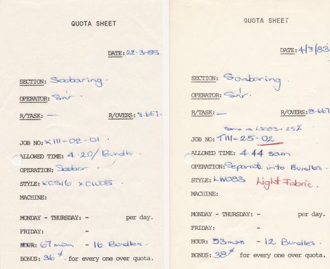 Quota sheets from FJs showing how long the task should take and how much the bonus was for every one over quota.  Shared by Fran McKane