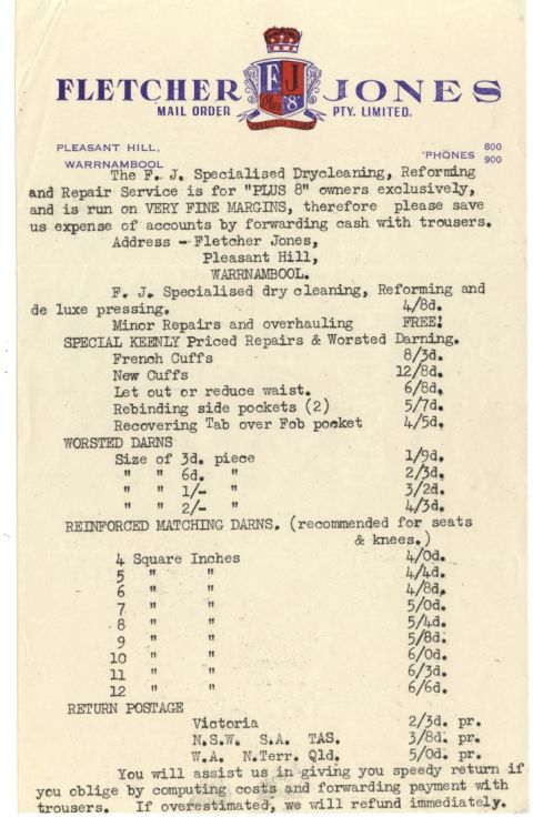 The Dry-cleaning, Reforming and Repair Service charges pre-decimal currency rates.  There's a story of the man who left 20 pounds in his trouser pocket by accident and it was sent back immediately too. That'll win lifelong loyalty from your customers! 