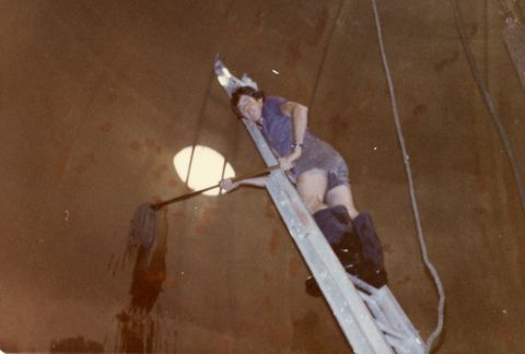 Gary Kelly washing down the inside of the Silver Ball.  The light is a reflection of sunlight from the manhole at the top of the ball.  Photo: Gary Kelly