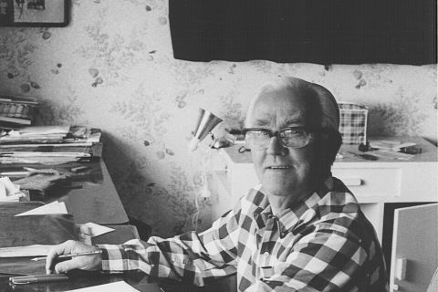 Sir Fletcher working on his autobiography, 1975. Photo: Jones Family Collection