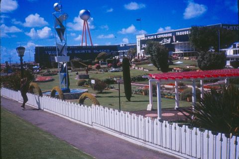 The sculpture with the trylon and perisphere on top inspired by the 1939 New York Fair in the gardens in the 60's.  Note that it was in a pond!  Photo shared by Karen Raymond from her father's collection.  